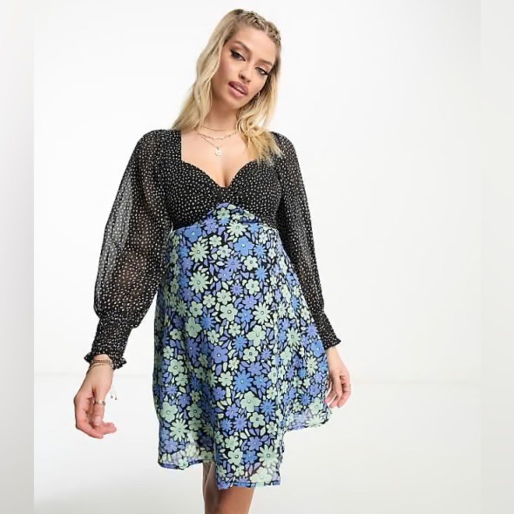 WEDNESDAYS GIRL Floral Polka Dot Mini Dress